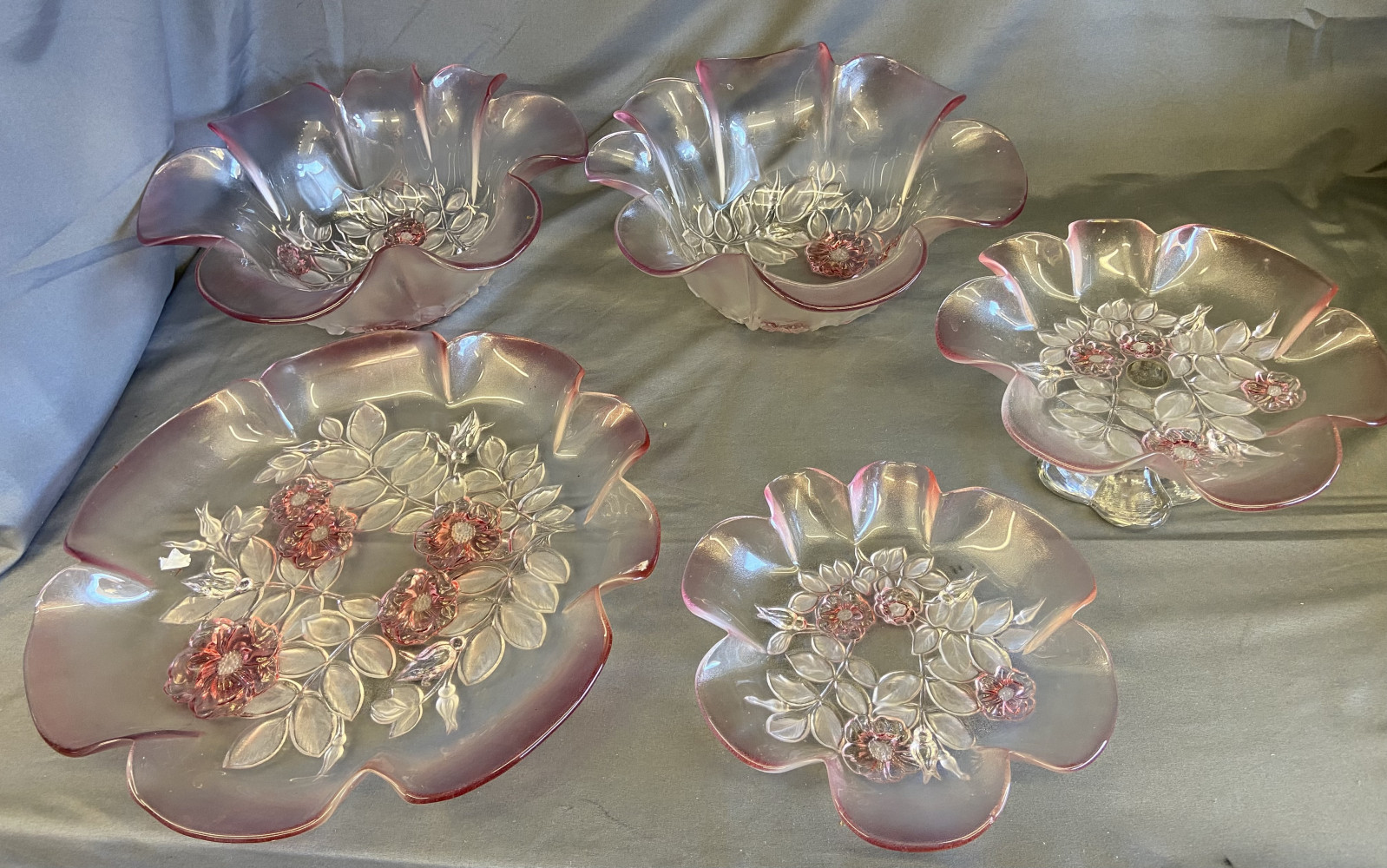 Vintage Mikasa crystal Walther Rosella Pink Rose Frosted Scalloped Glass Server