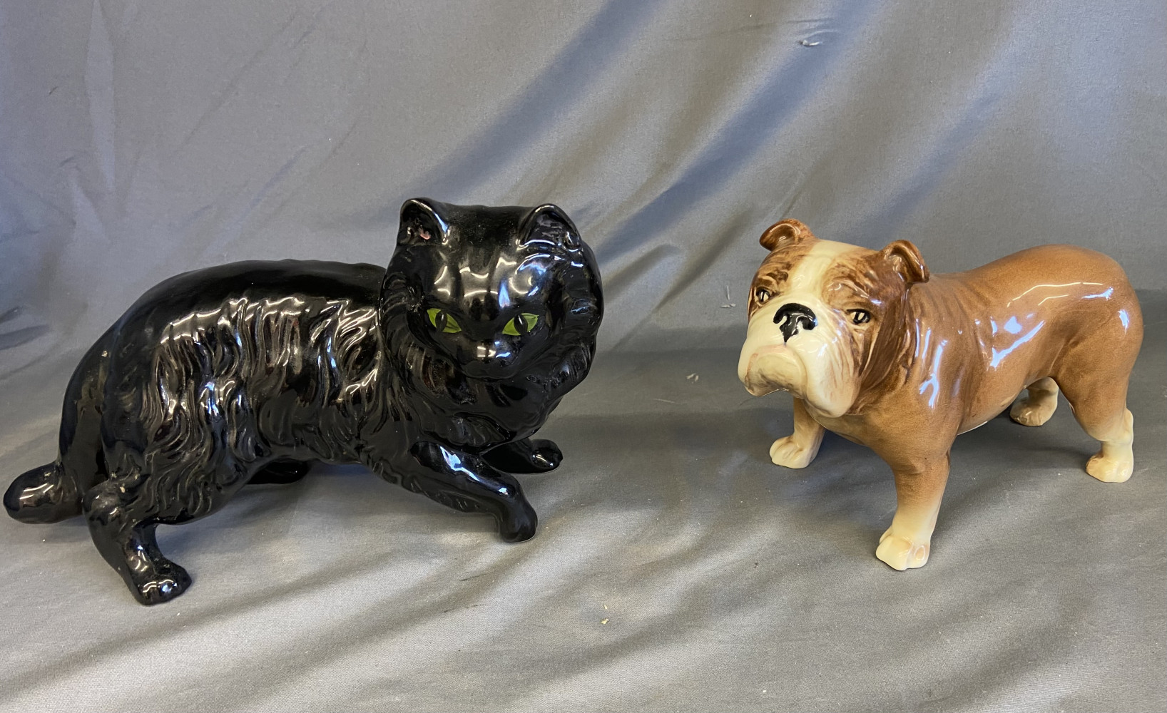 Sylvac Bulldog and ceramic black cat