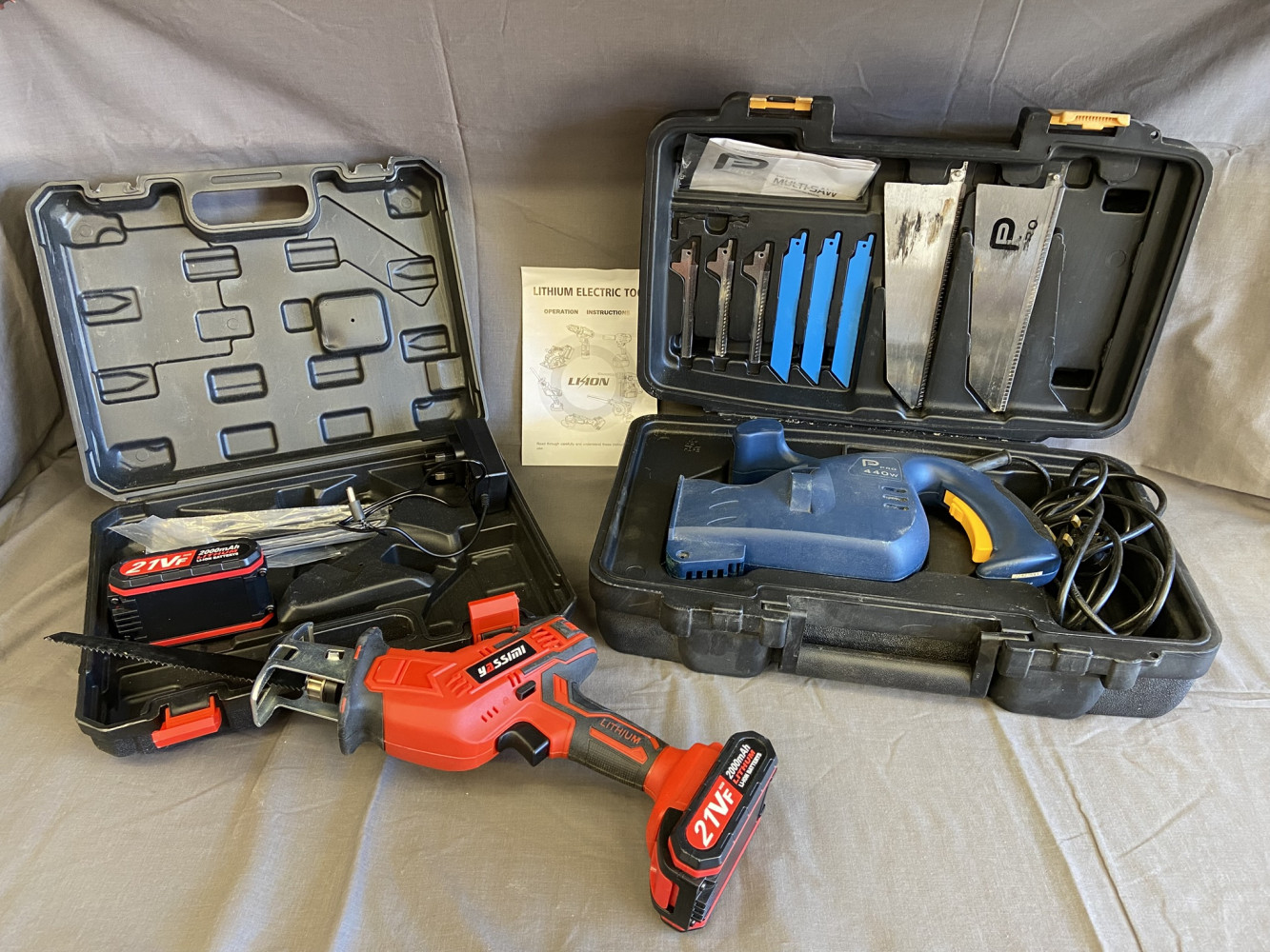 Battery saw as new and power saw with blades