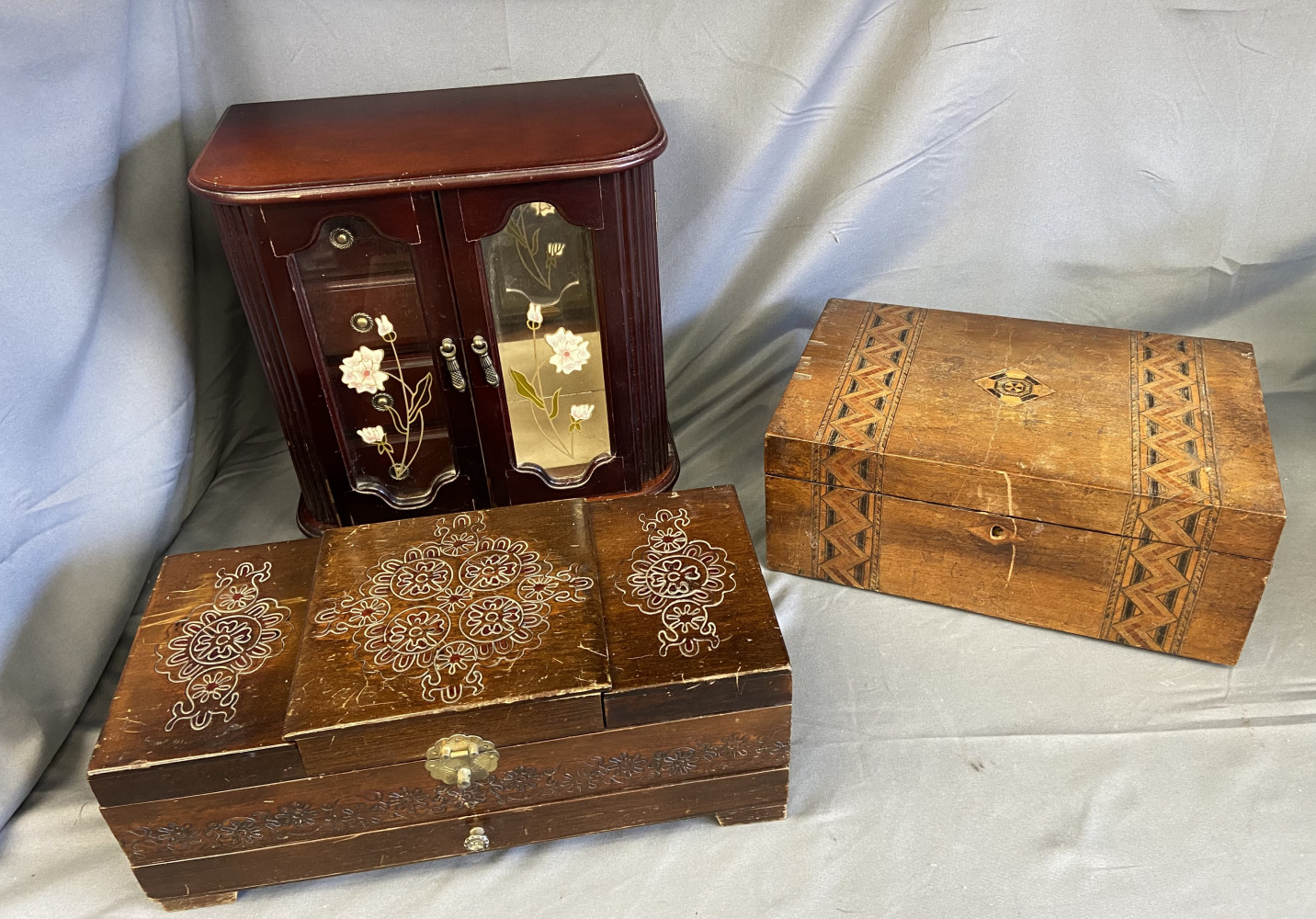 Wooden box and 2 wooden jewellery boxes