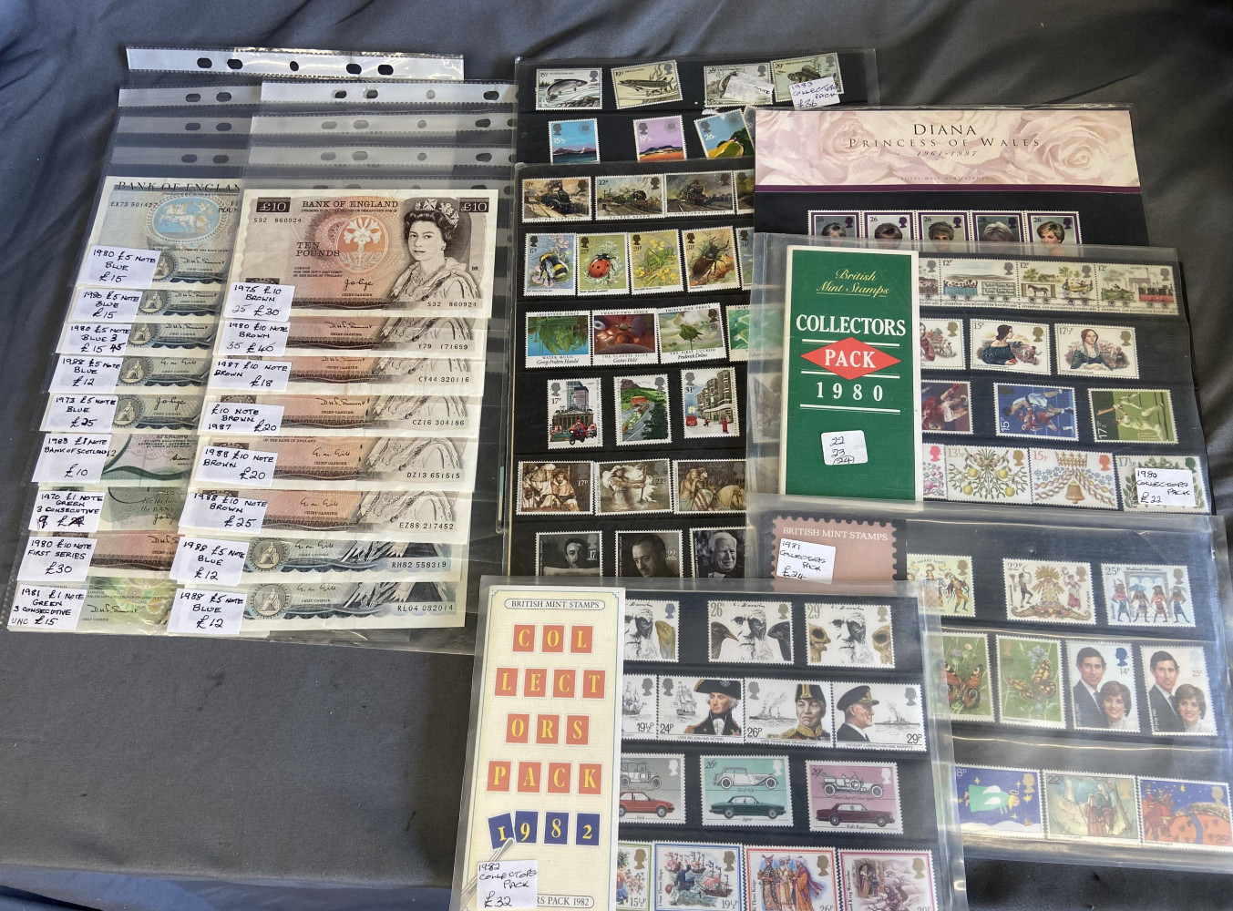 Vintage Collectable bank notes all labelled and sets of stamps