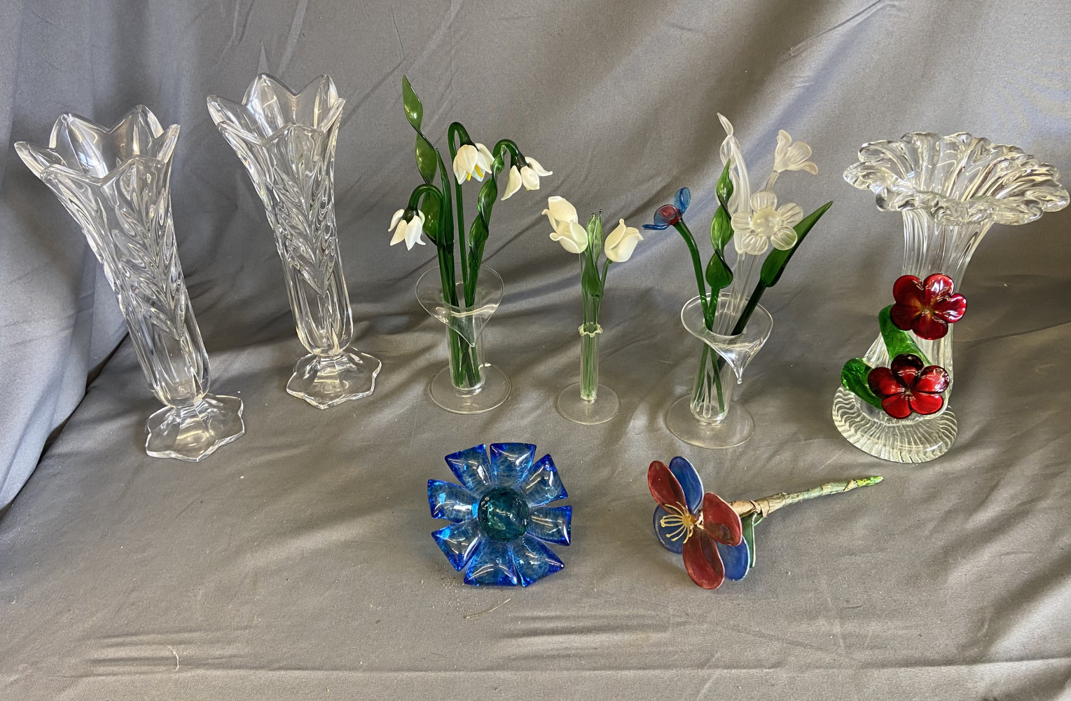 Glass flowers, pair of vases and other glass flower items