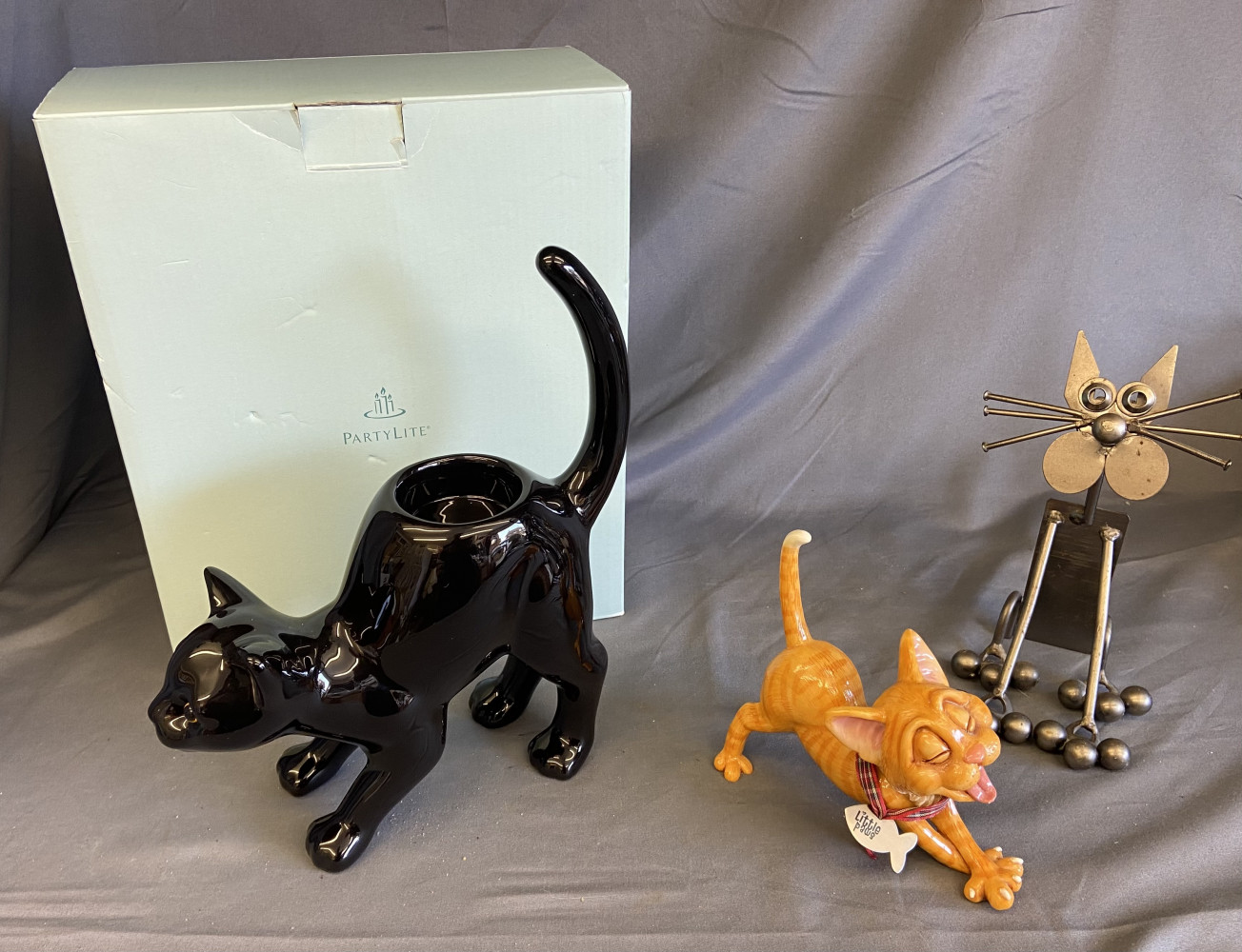 Boxed Partylite Black Cat Tea light Candle Holder, metal cat figure and Little Paws Figure