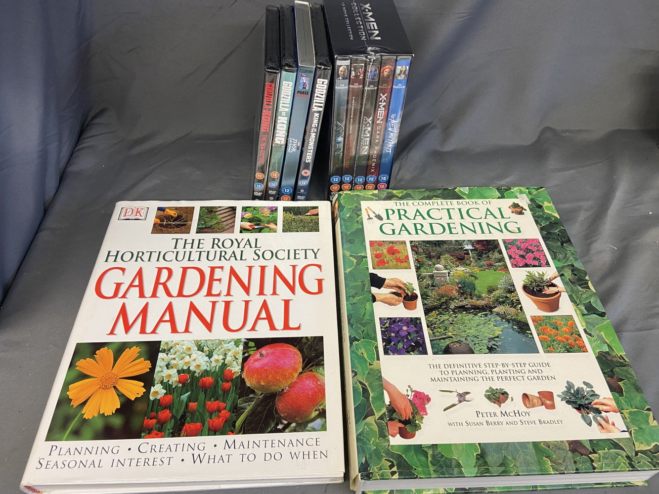 X men DVD box set and other DVDs, and two gardening books