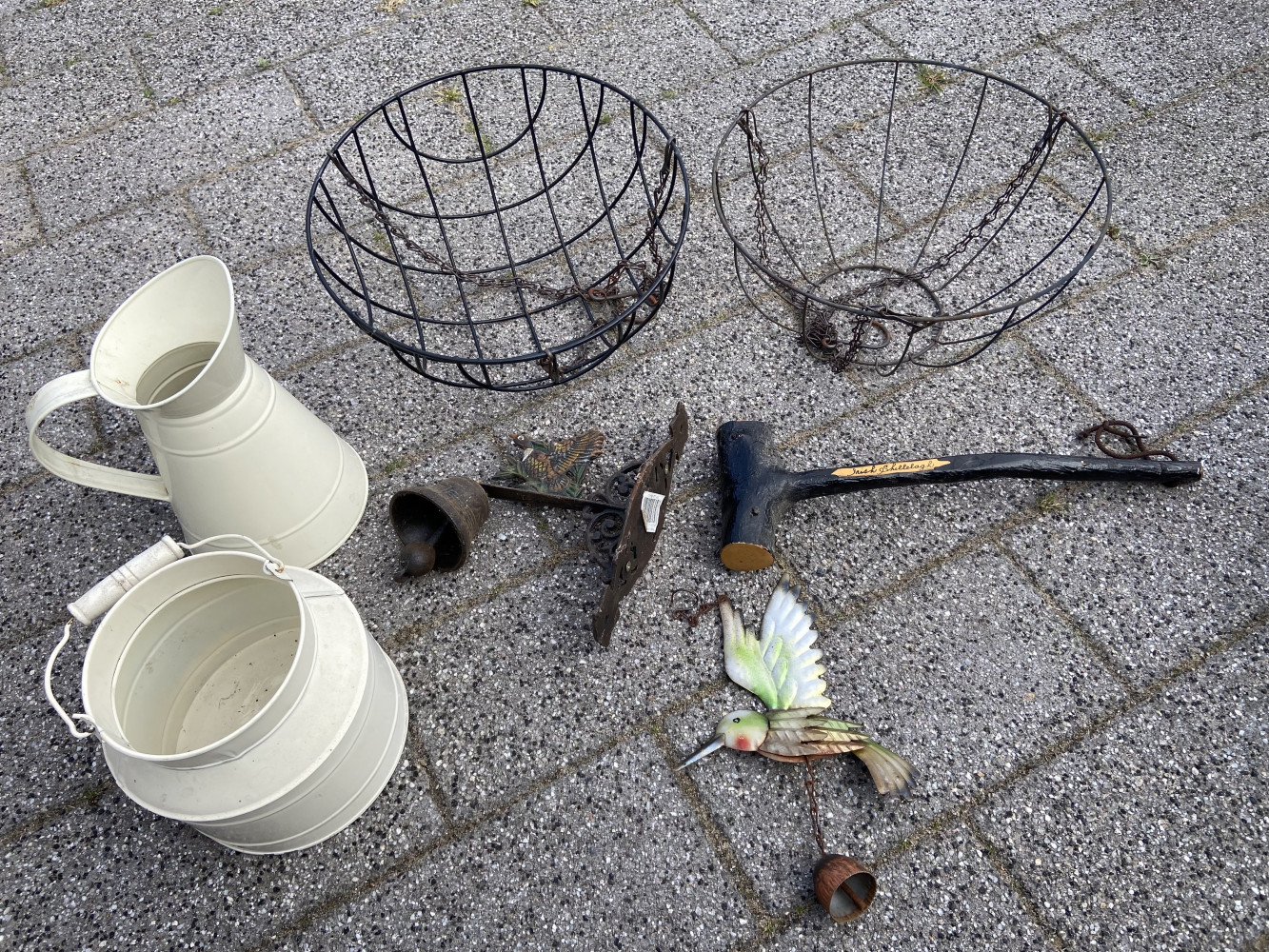 Garden items including baskets and wall mounted bell