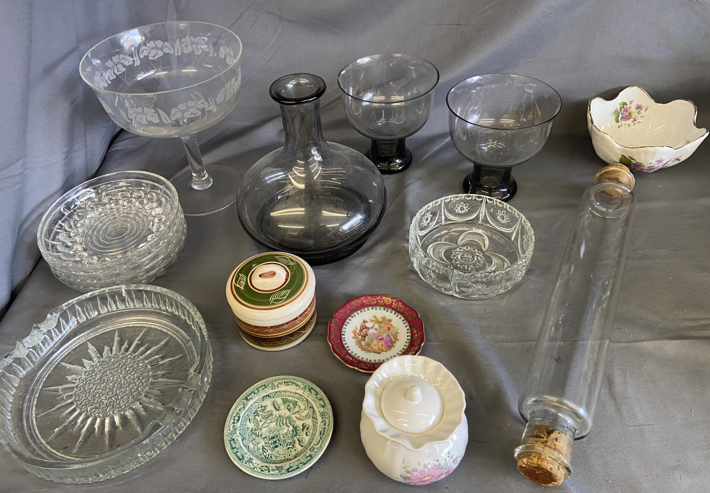 Smoked glass carafe, glass rolling pin, crystal and other ceramic items