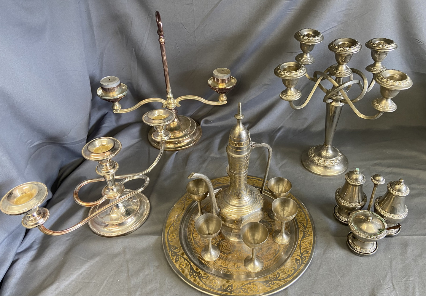 3 Candelabras, cruet set and Vintage Arabic Brass Turkish Coffee Pot with 6 Cups