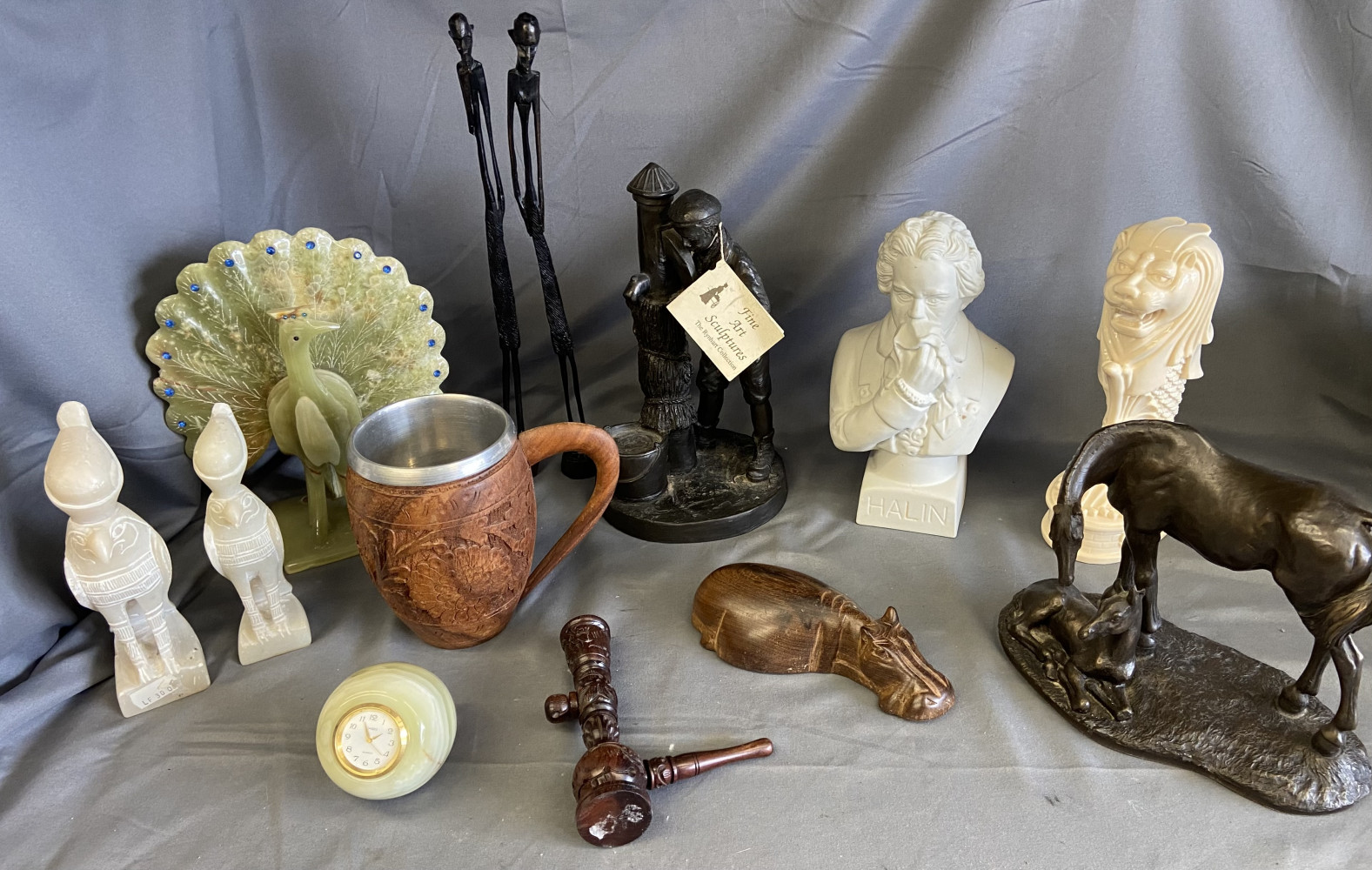 Collectables lot, stone peacock, various figurines and statues horse chip to ear
