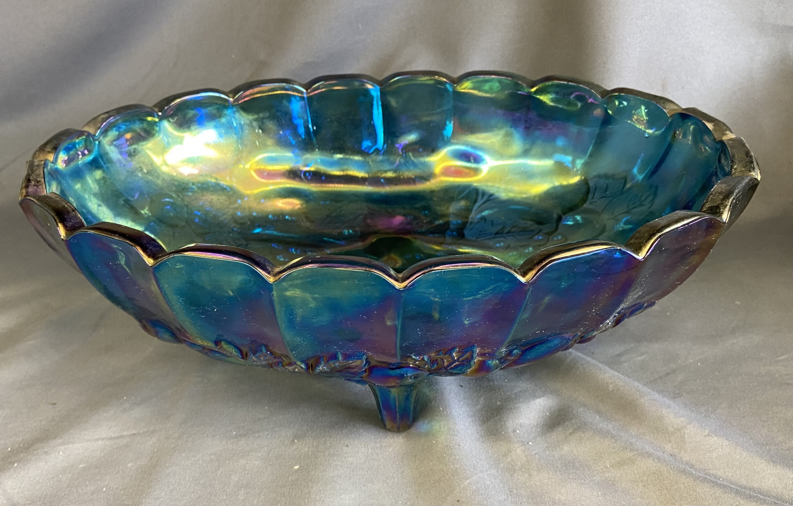 Vintage Iridescent Blue Carnival Glass Footed Oval Bowl 33cms