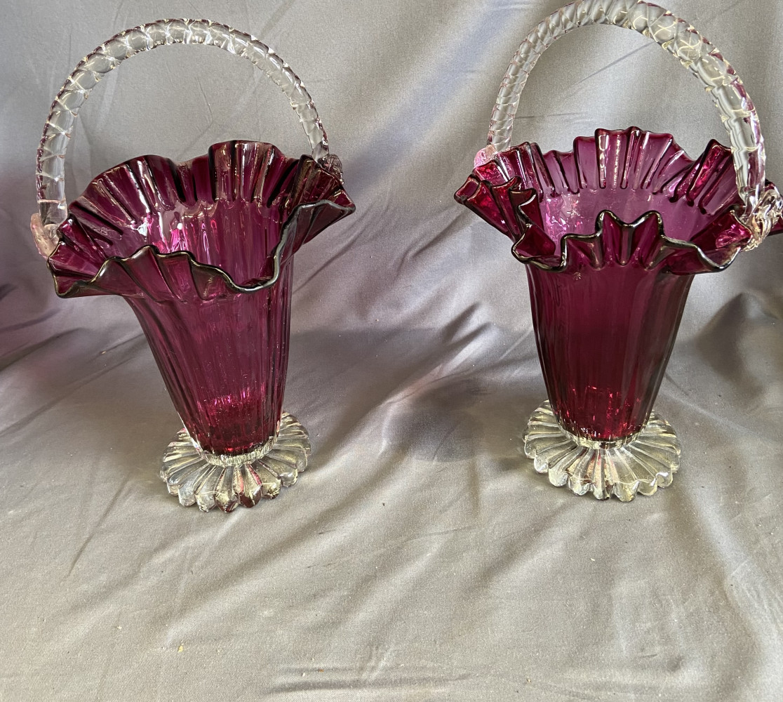 2 Vintage Cranberry Crimped Edge Tall Baskets 29cms tall