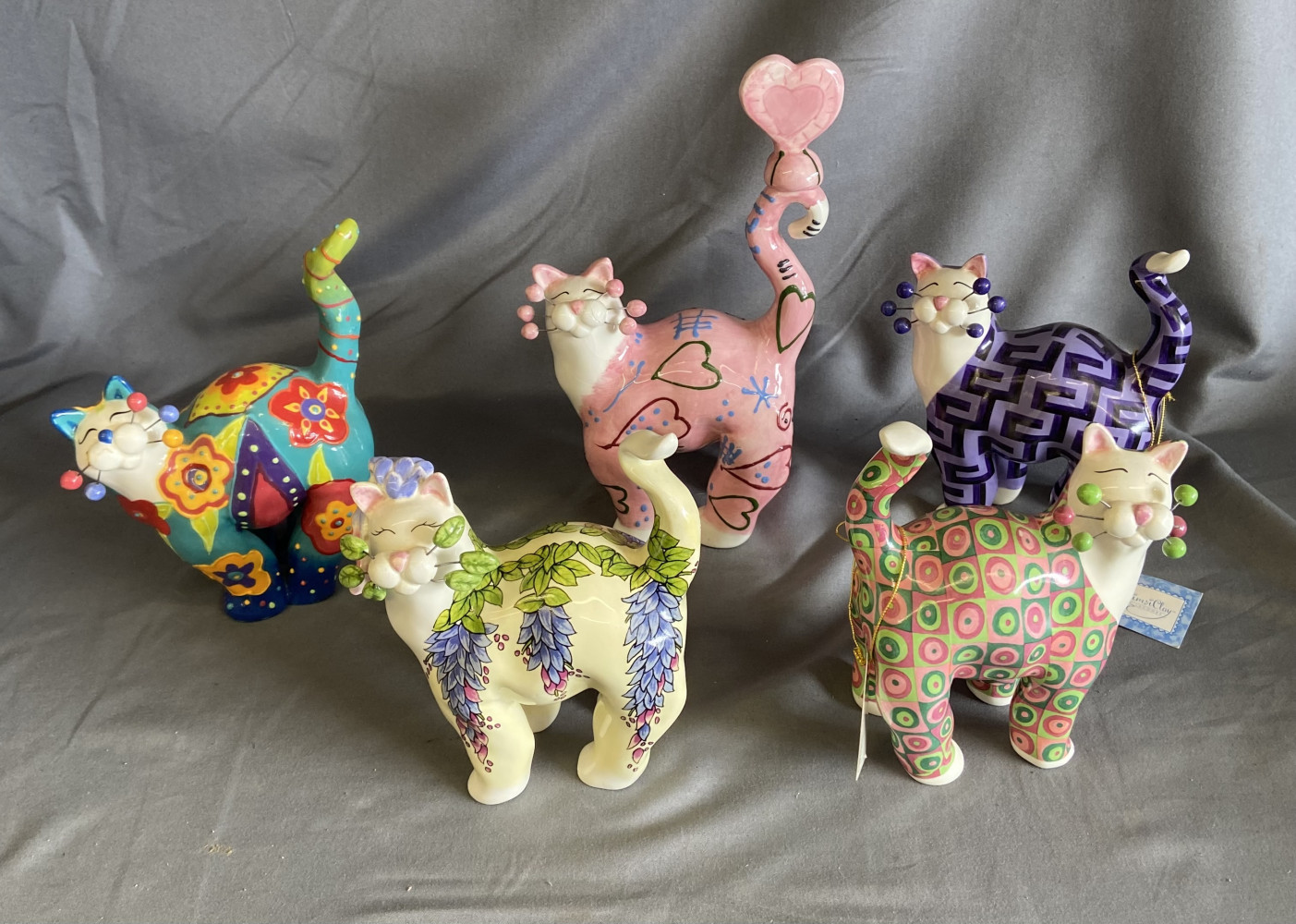 5 collectible Amy Lacombe WhimsiClay Cat figurines one A/F to tail
