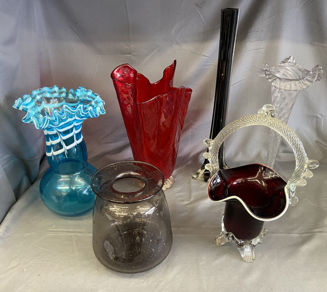 6 large Glass Vases, Including Large Red Glass Handkerchief Vase, blue Ruffled edge vase and others