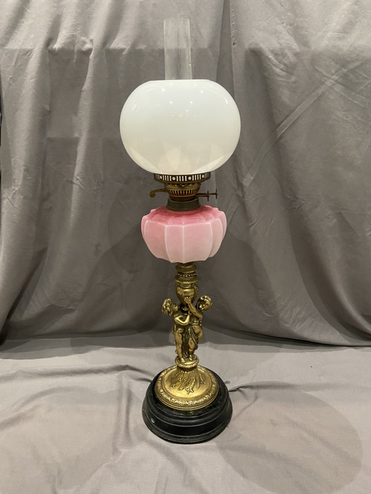 Antique Victorian Tall Pink and white Glass Oil Lamp with brass sculptural 76cms tall
