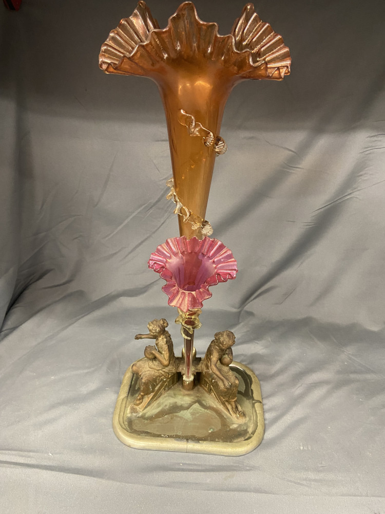 Antique Victorian epergne, metal base with two seated figures, glass vases with ruffled rims 47 cms tall