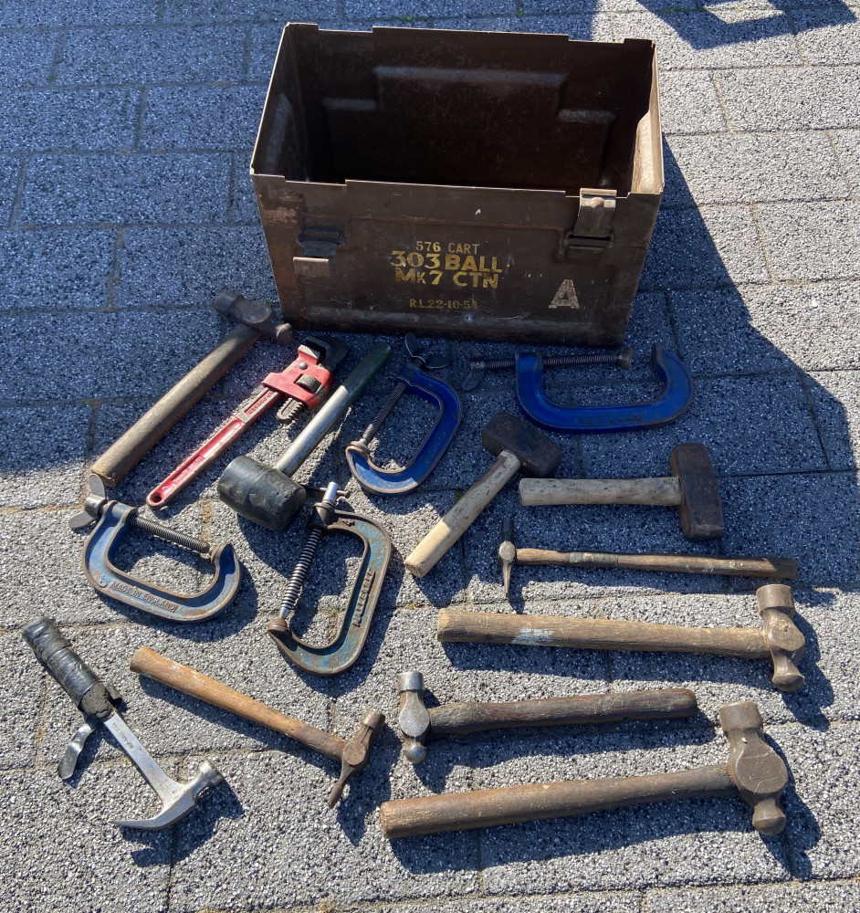 Military box full or heavy tools, clamps, hammers etc