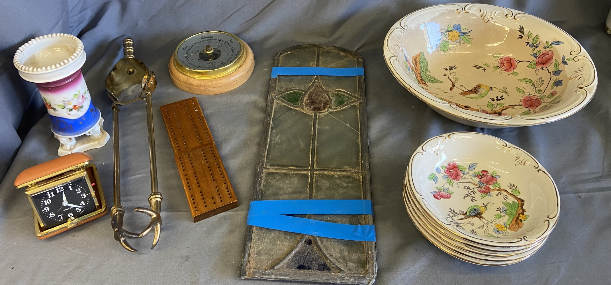 Collectables including barometer, brass coal grips, Devon Ware Fieldings and other items