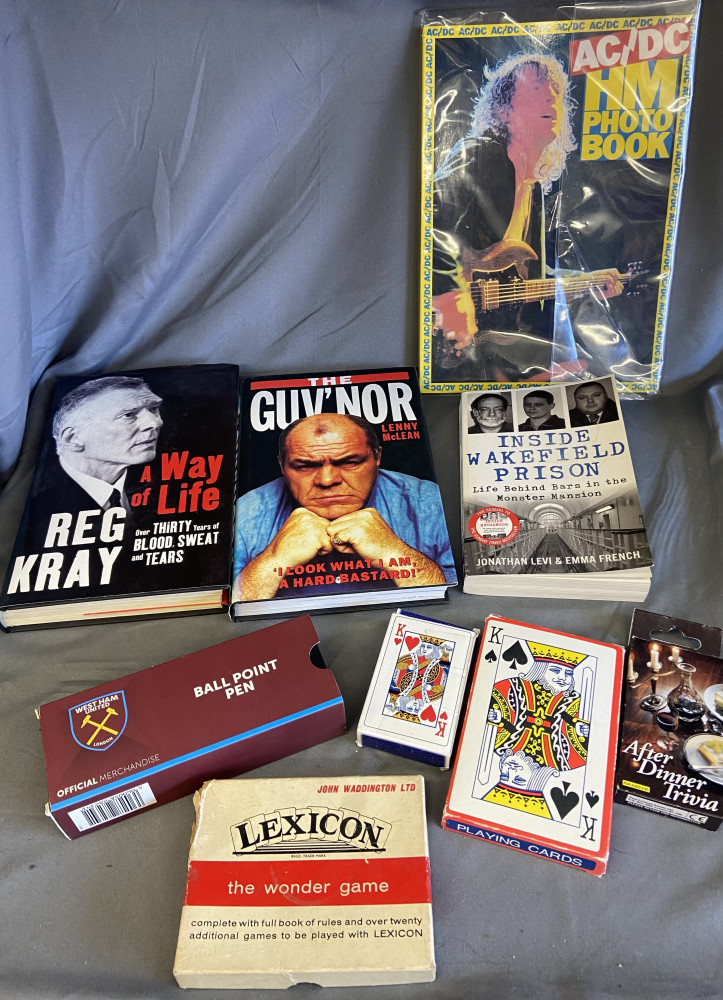 Crime books, WestHam pen, card games and AC/DC Book