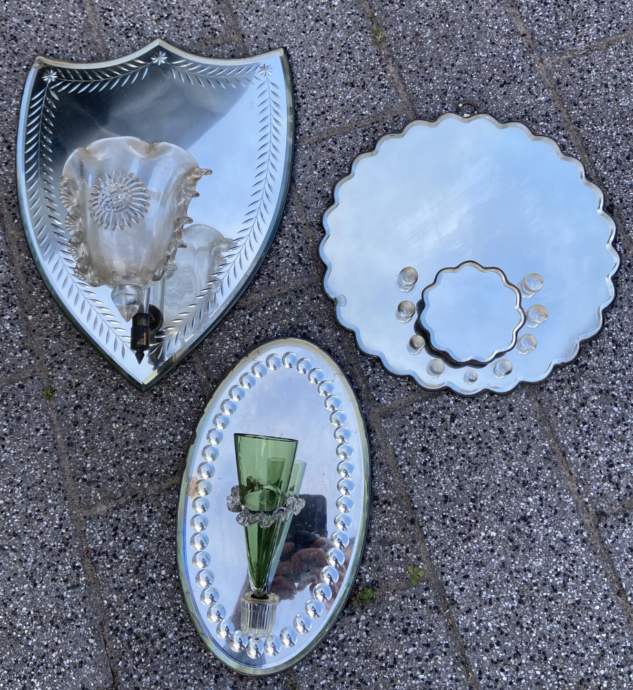3 Antique mirrors two have stem stands with glass stems shield shaped mirror 40cms long