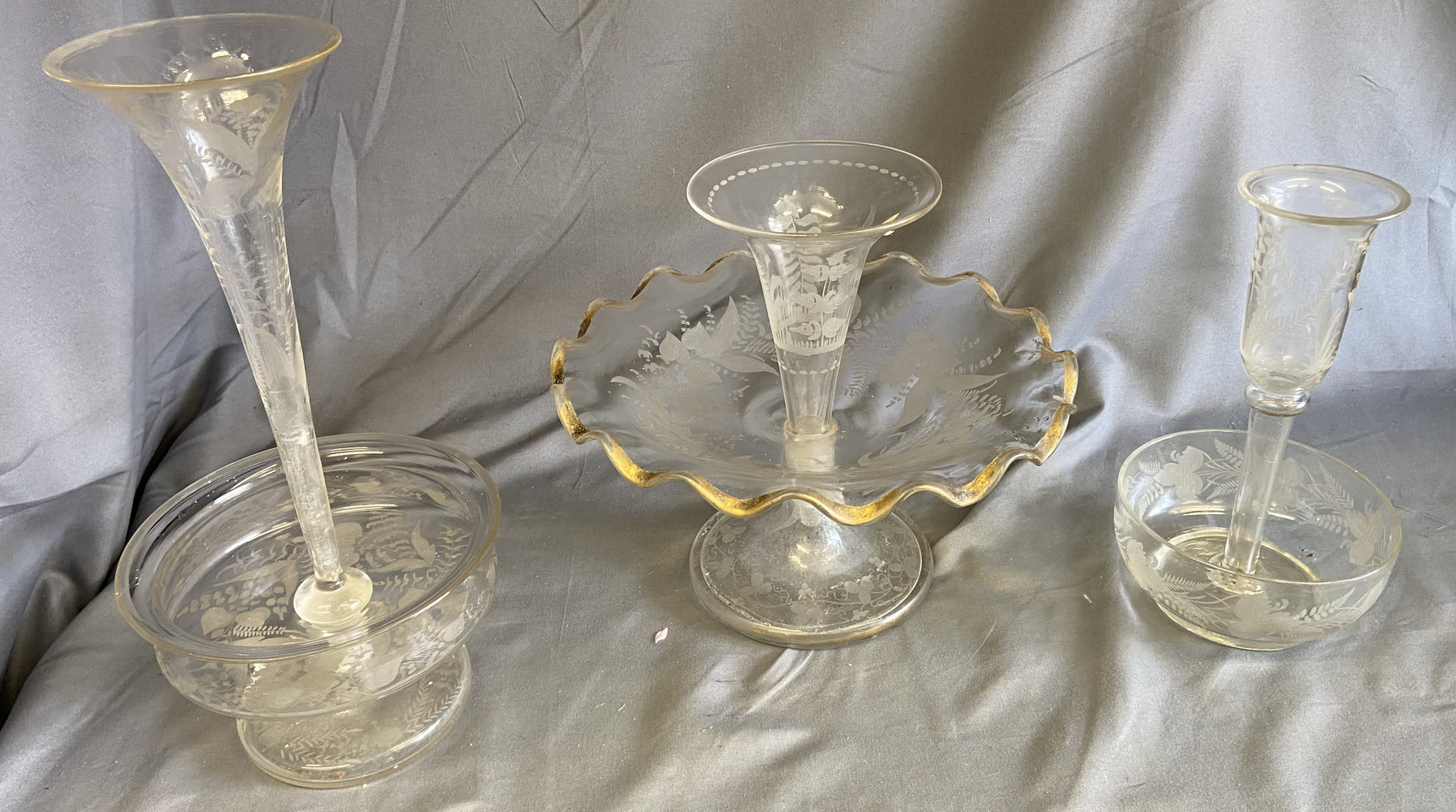 3 Vintage elegant glass table centers, one has tiny chip on the top, tallest 30cms