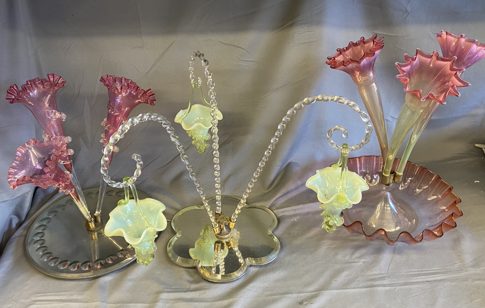 3 Victorian-era glass epergne, both uranium and cranberry glass. Tallest 30 cms