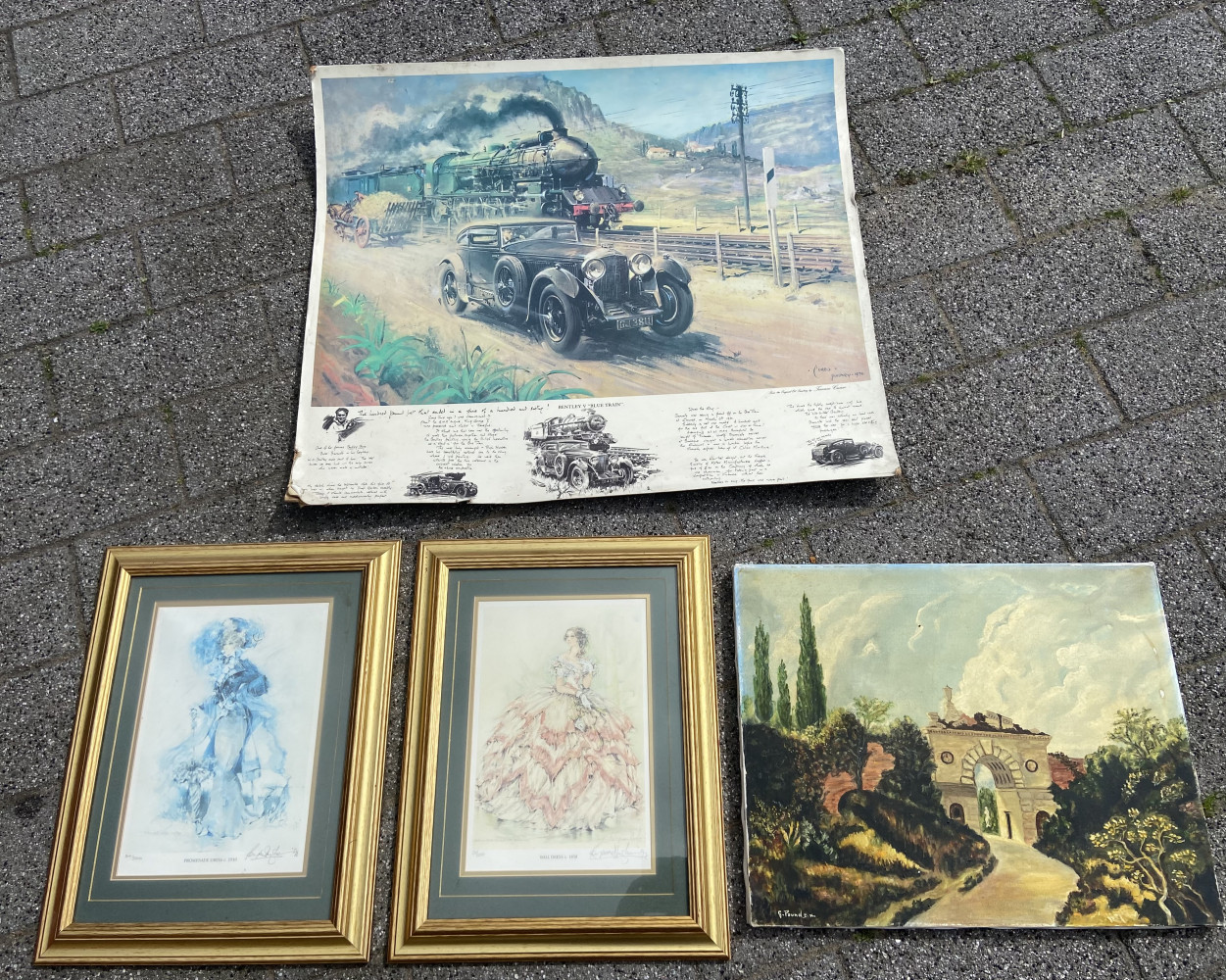 2 framed Raymond Hughes limited edition prints, large Bentley picture and painting