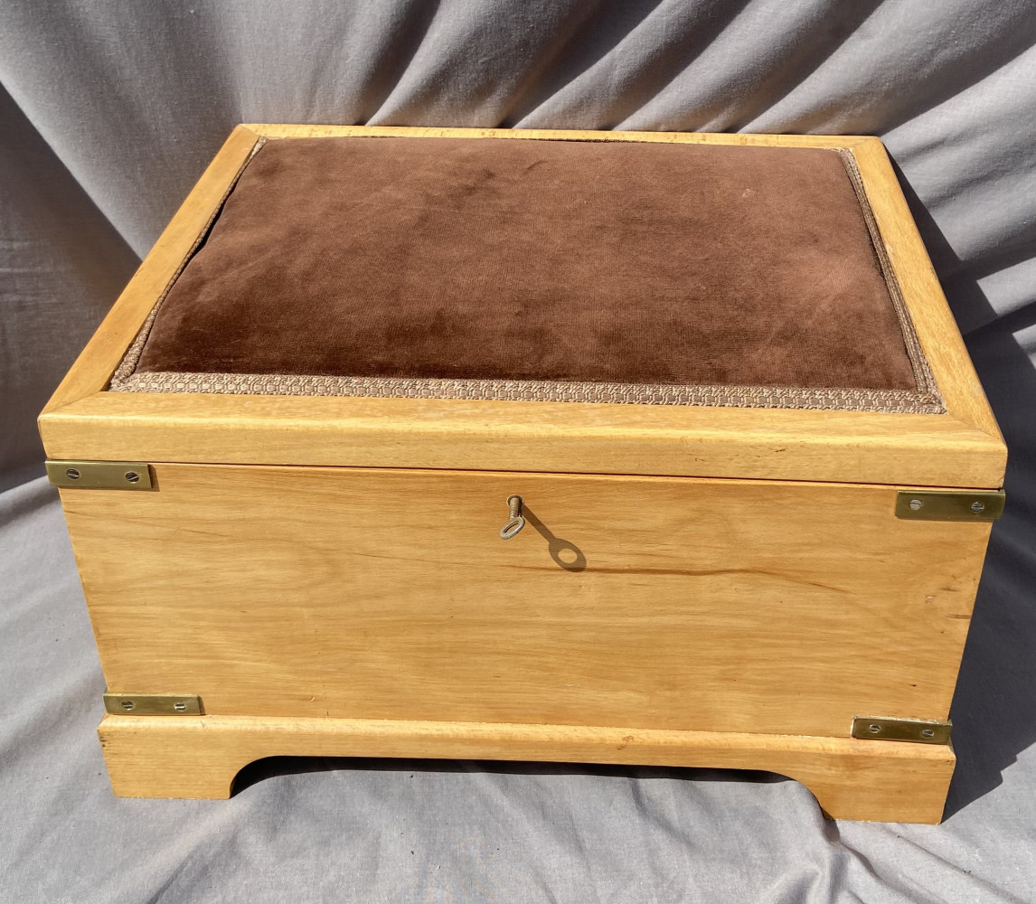 Brass banded sowing box with lock 44 x 25x 35 cms