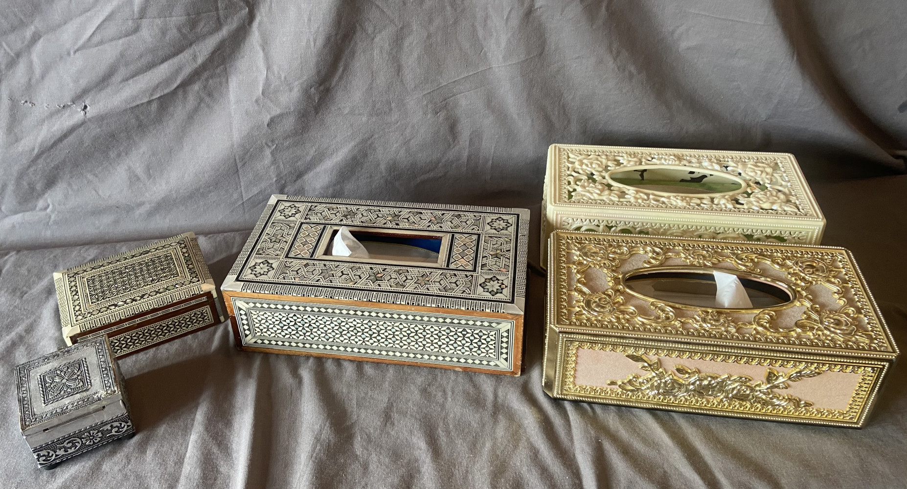 Mother of Pearl Inlaid Tissue Box Cover, other inlaid box, small metal box and two other tissue box covers
