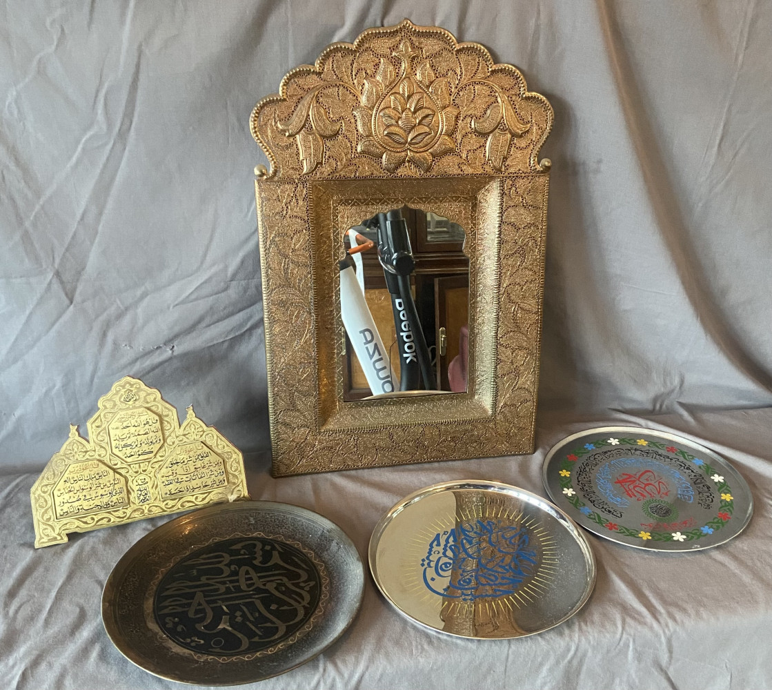 Large Antique hand crafted mirror 61cms high, and other decorative items