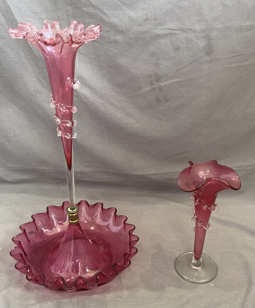 Single Stem Epergne Center piece and small cranberry glass flute 42 cms tall