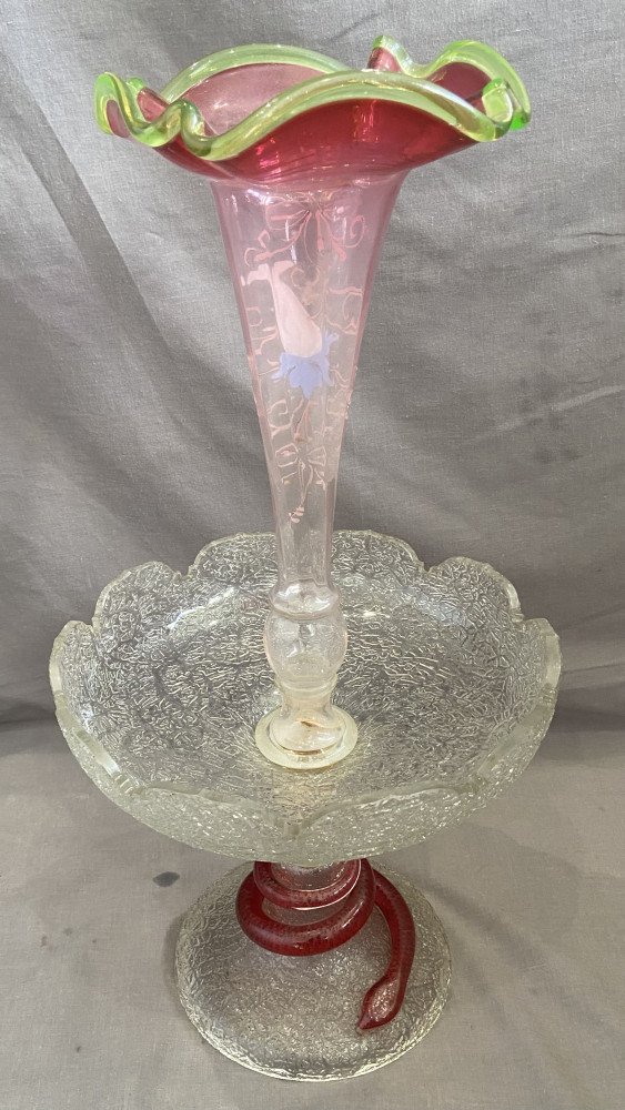 Snake based Epergne 48 cms tall uranium topped flute