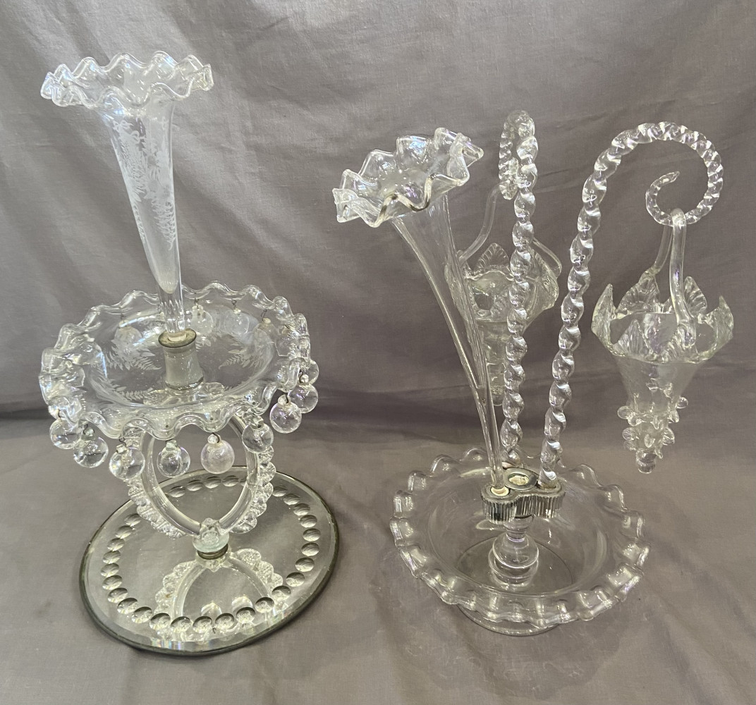 Two clear glass table Epergne center pieces tallest 48 cms