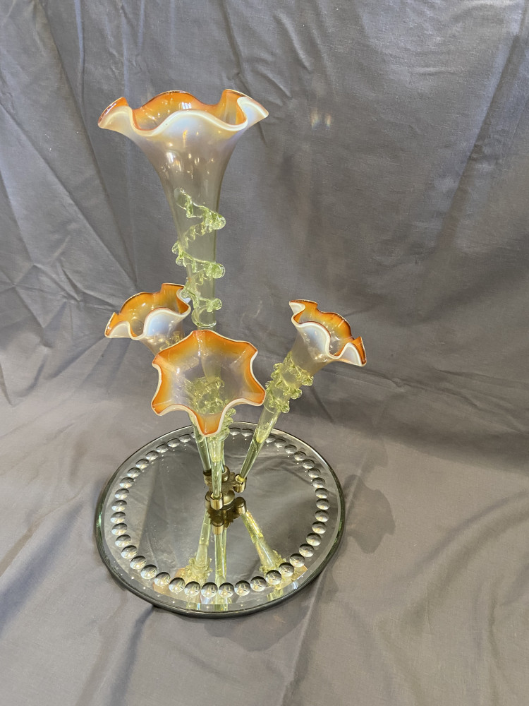 Orange Glass multi-trumpet Epergne centerpiece 47 cms tall,