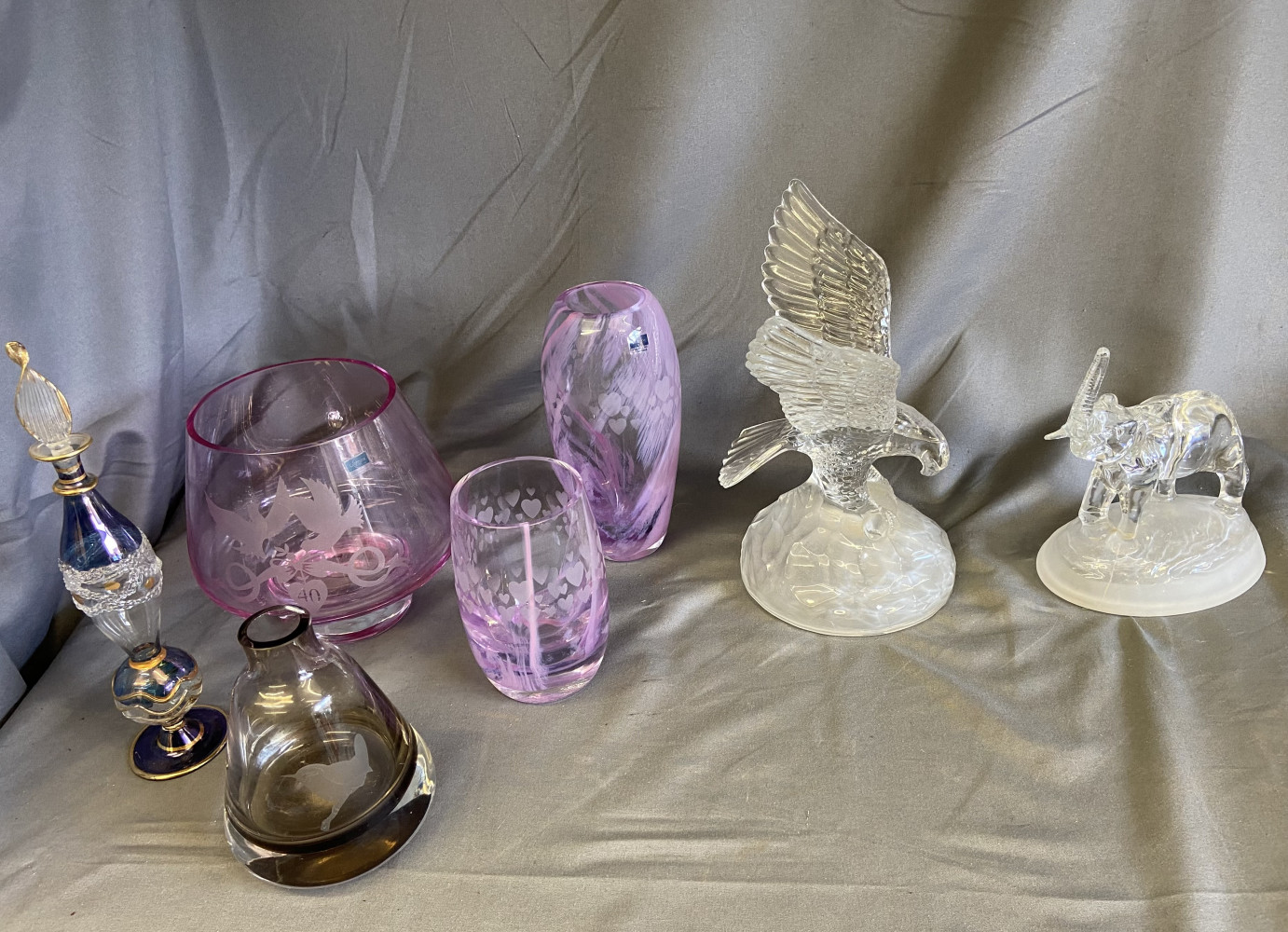 Vintage Cristal D'Arques lead crystal eagle figurine and Elephant, 3 Caithness pink vases, and other glass items