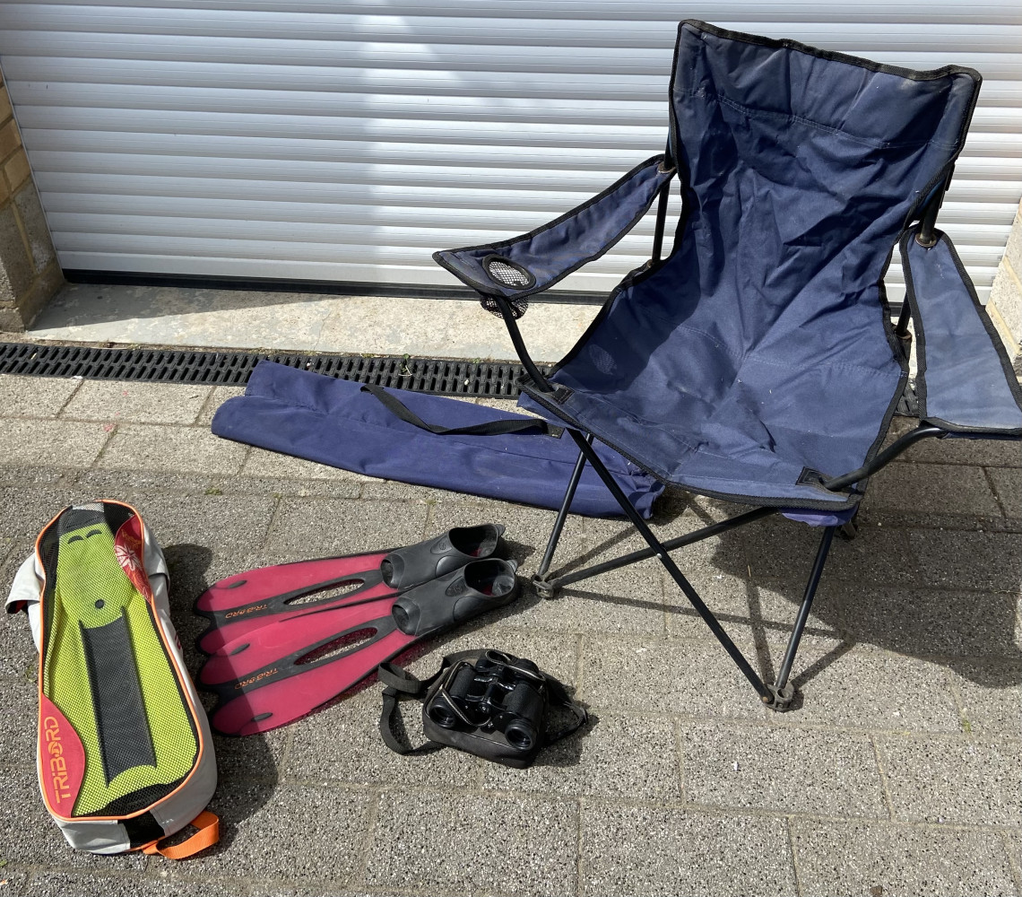 Camping chair, flippers and set of binoculars
