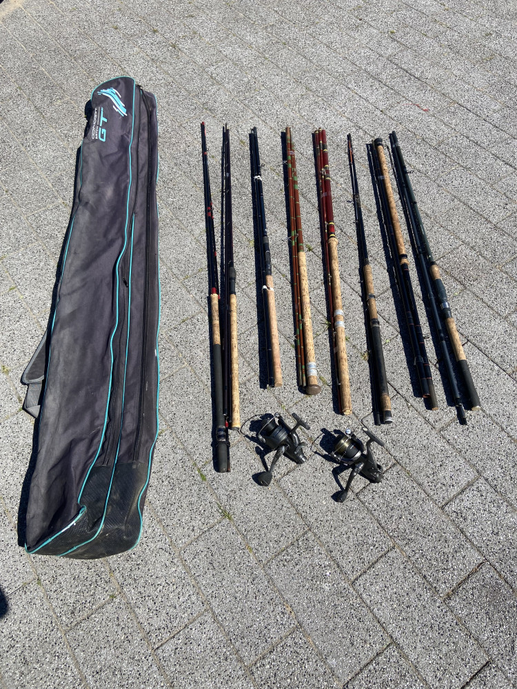 8 Fresh water rods, 2 reels and a bag
