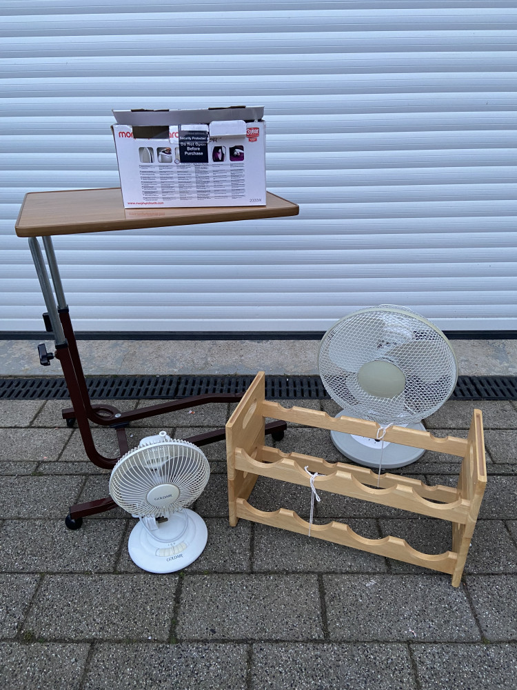 Iron, adjustable table, shoe rack and two fans