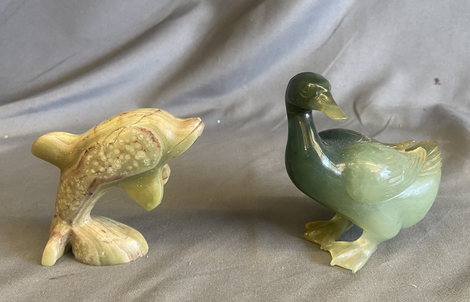 Small Jadelite duck and onyx stone dolphin