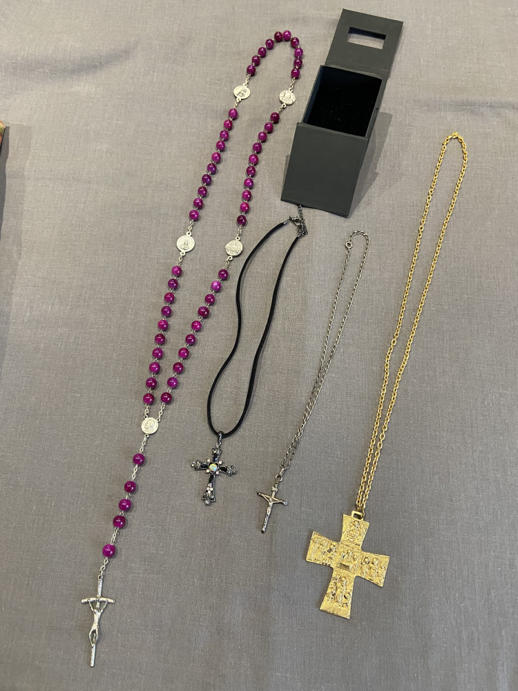 Rosary, 925 silver chain with crucifix, large gold coloured cross and sparkly crucifix with black cord