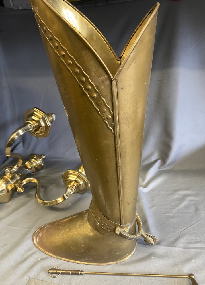 Large brass boot umbrella stand 55 cms tall, wall light and snuffer