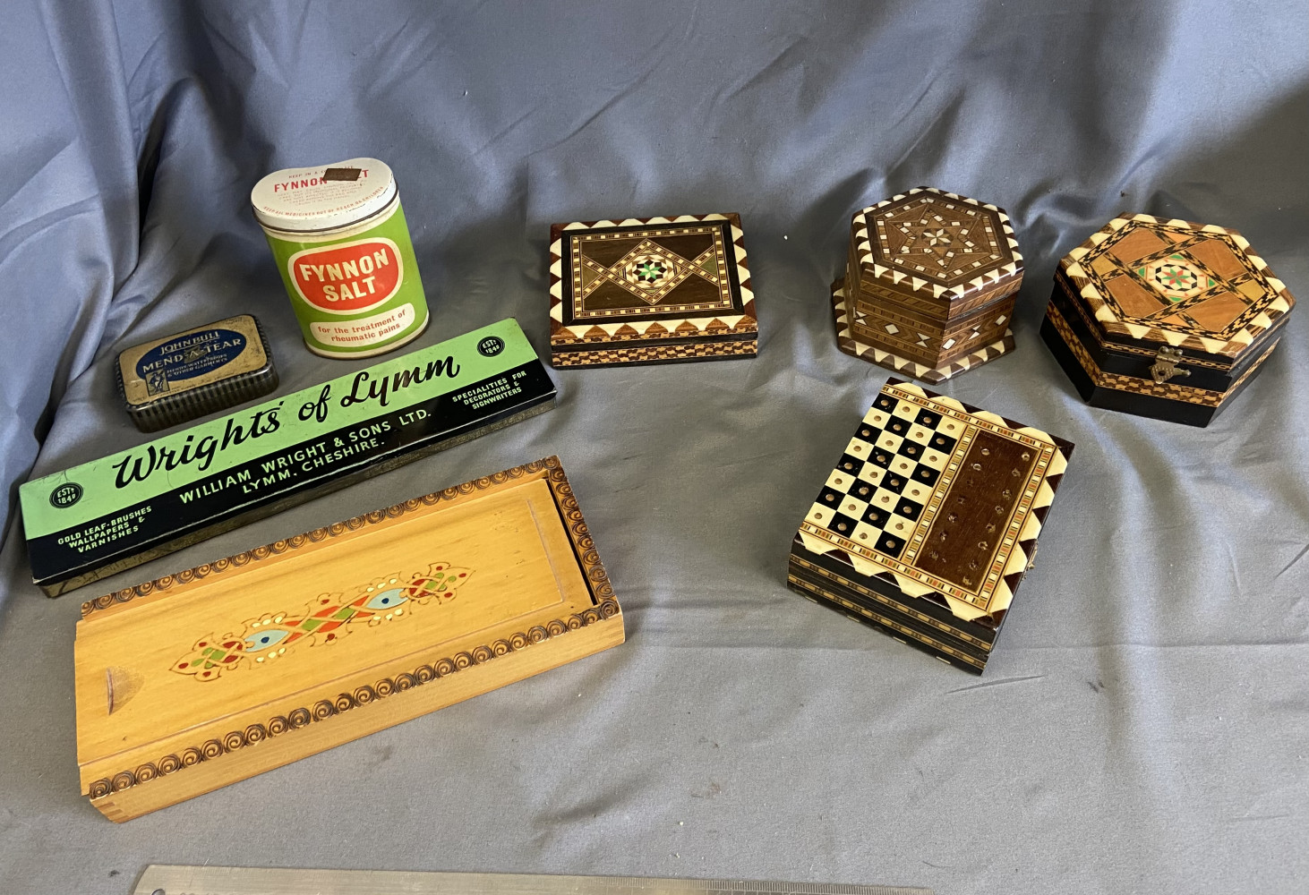 4 Vintage Wood Inlay Trinket Boxes one is a chess set and 3 vintage metal tins