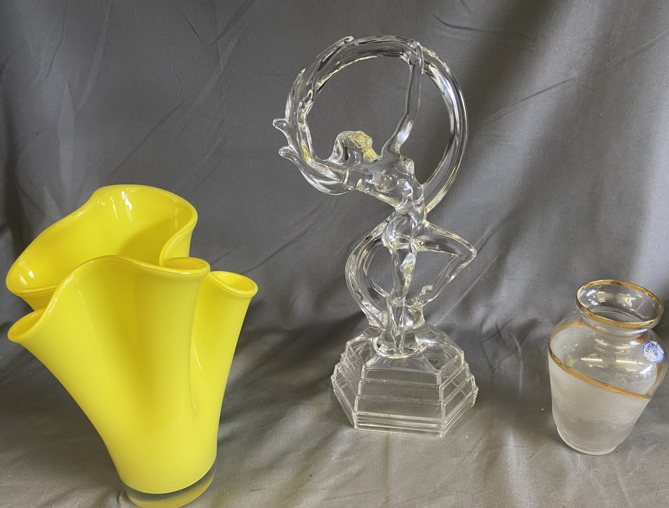 Polish Vintage Art Glass Yellow Handkerchief Vase, art glass figure 30cms tall and small Bohemia glass vase
