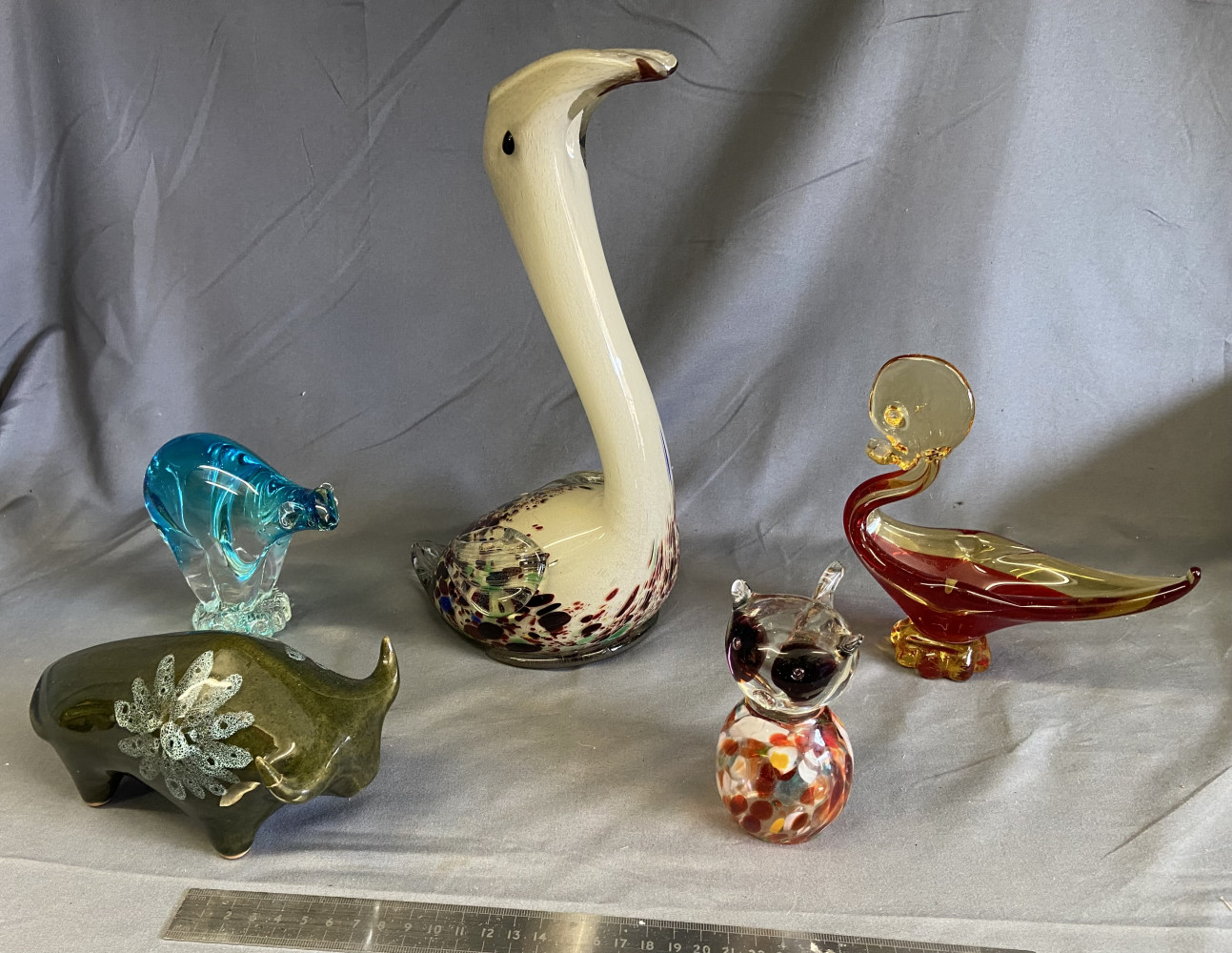 Vintage Murano glass swan figurine 30cms tall in white speckled art glass, Lotus Pottery bull figurine and other glass figures