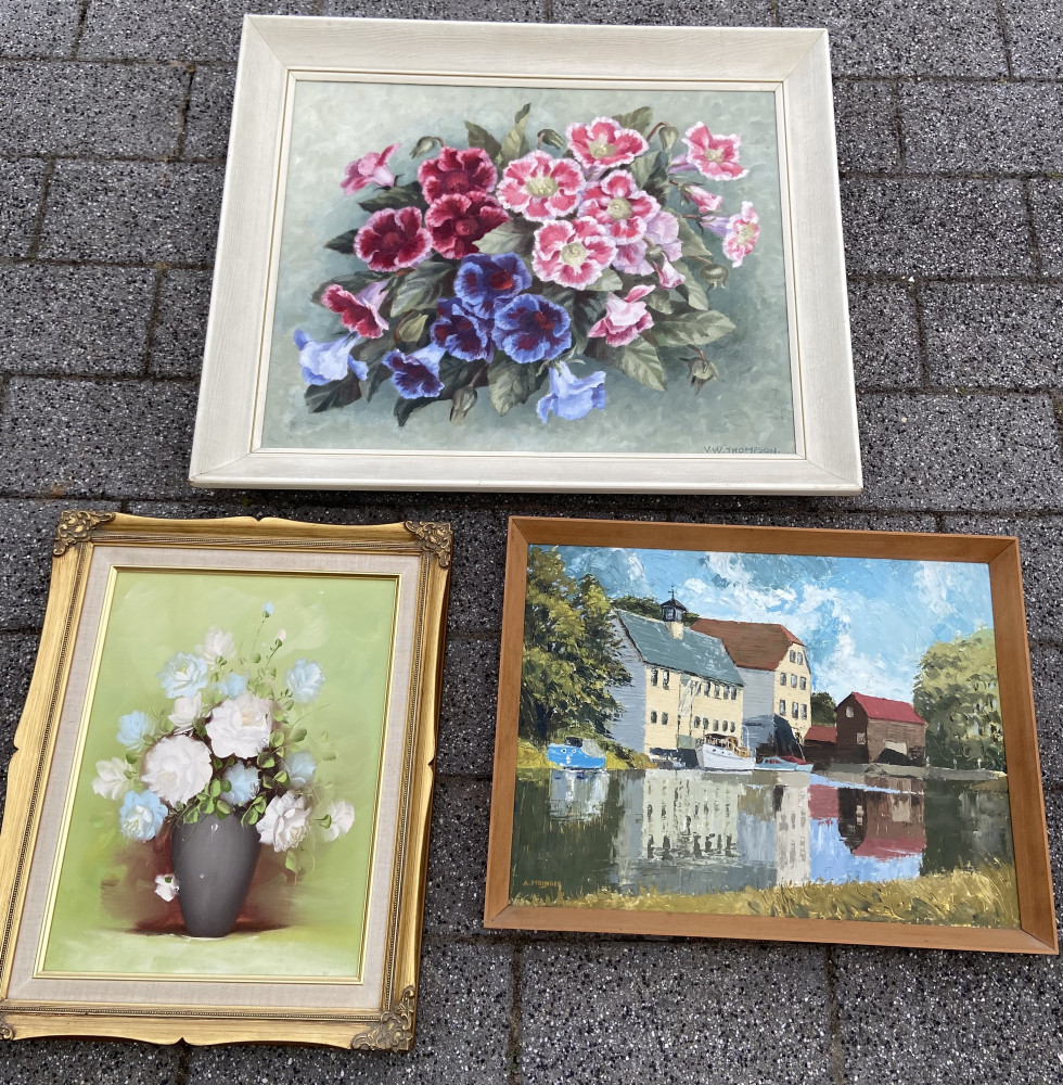 3 paintings including large flower oil signed Thompson