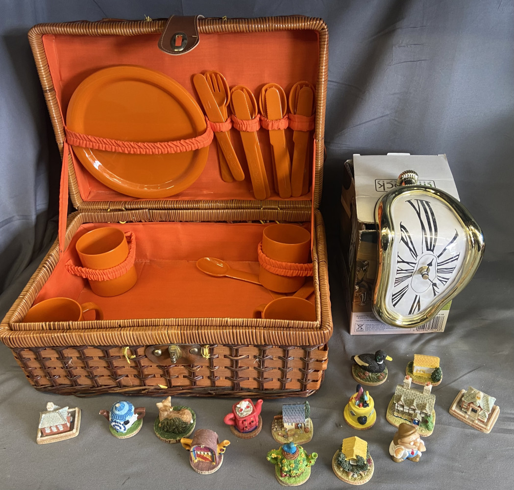 Retro picnic hamper, melted clock and tetley miniature figures
