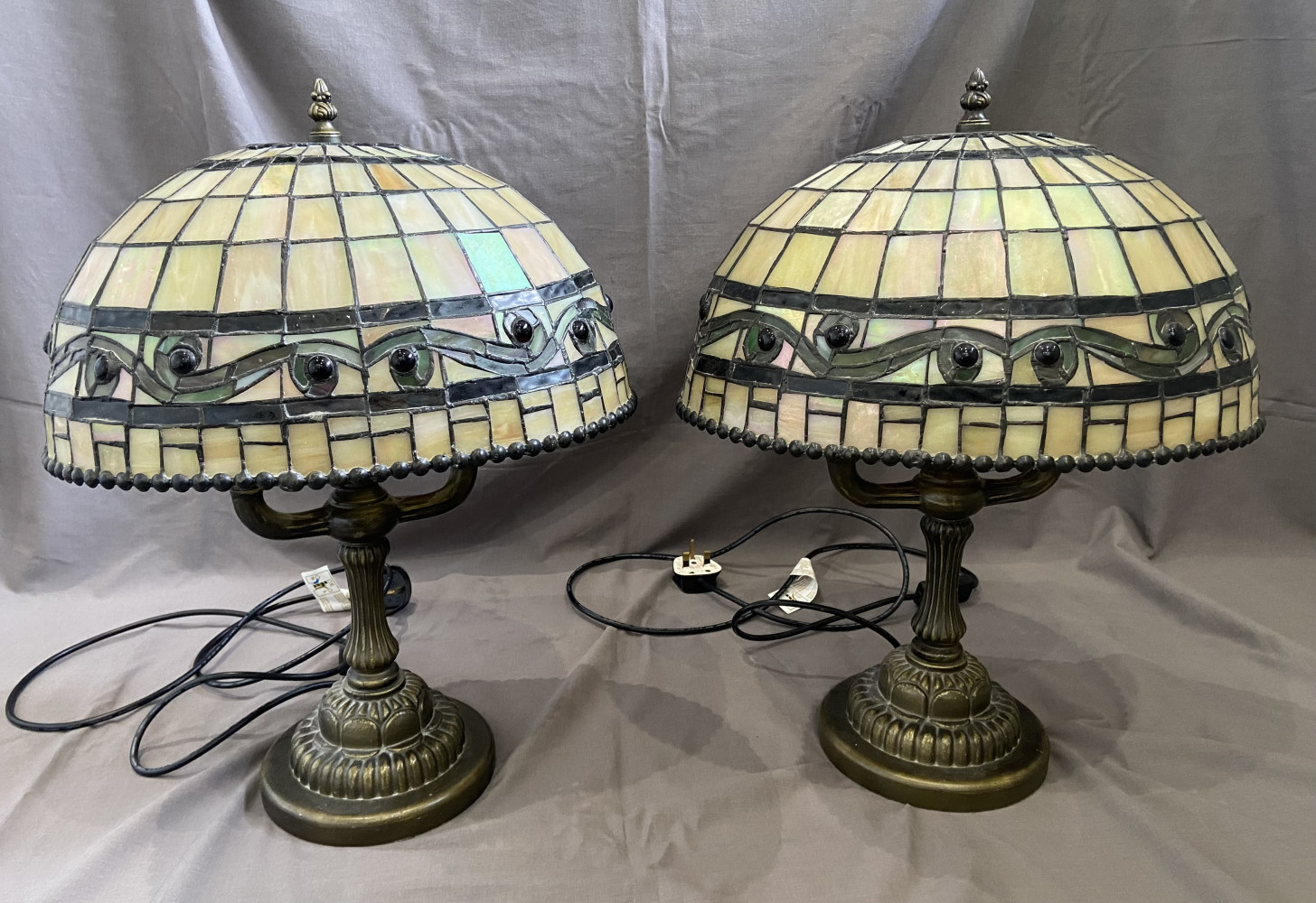 Pair of Tiffany style lamps with stained glass shades 50cms tall