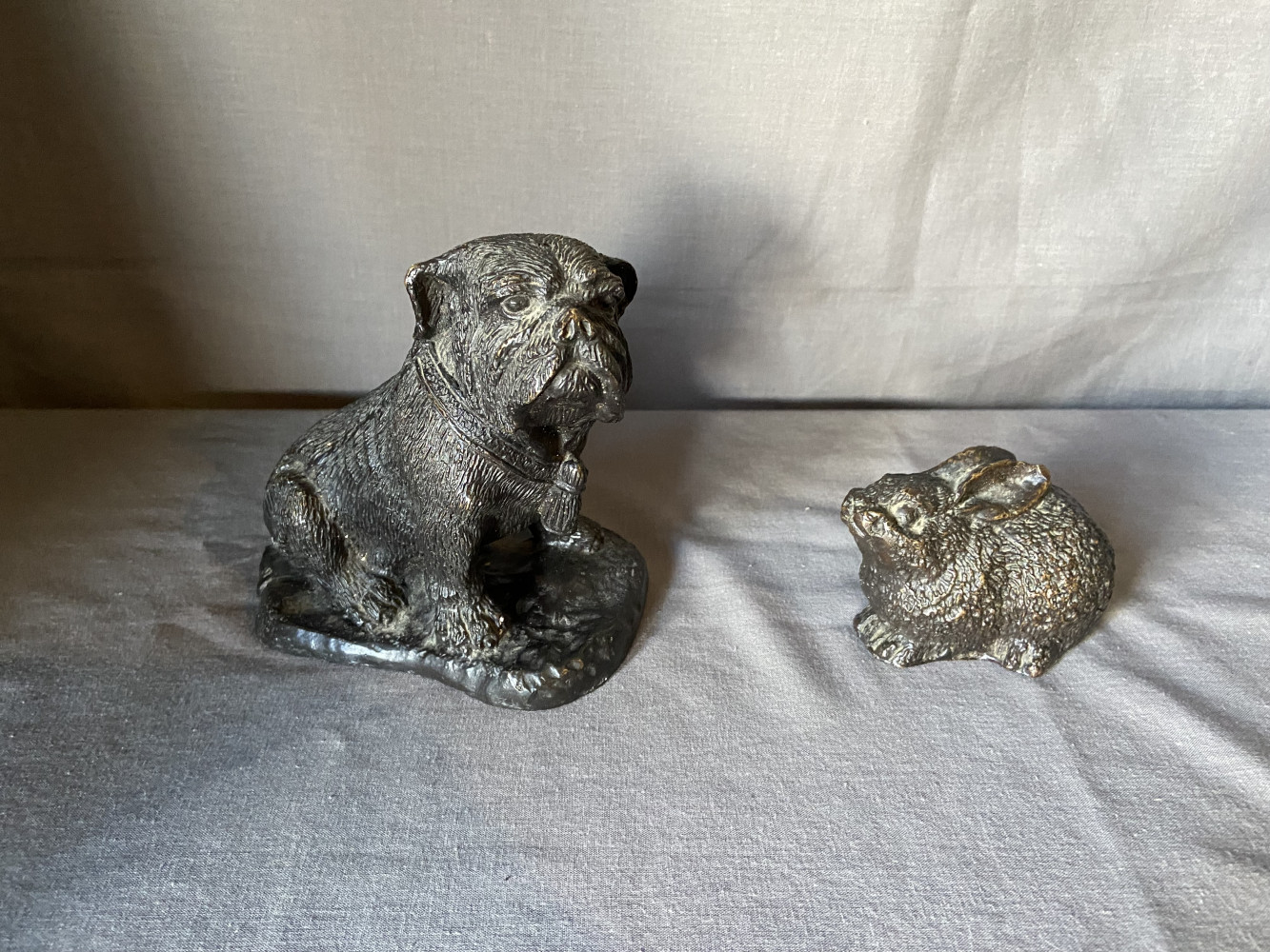 Bronzed resin figures of a Dog and Rabbit