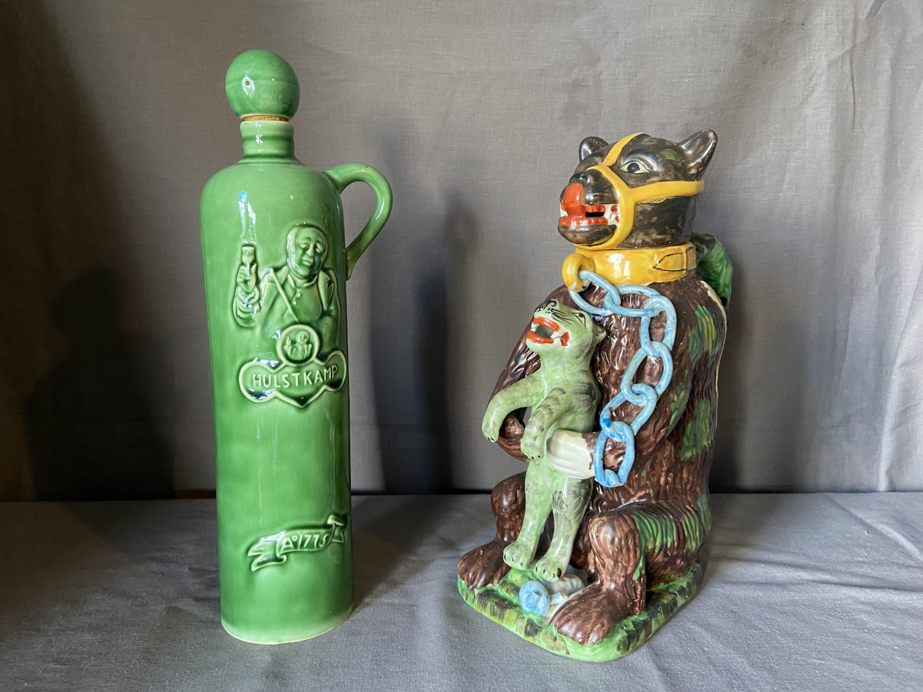 19th-century Staffordshire majolica "Bears Grease" advertising jug chain A/F And Vintage Hulstkamp Green Stoneware Bottle Jug