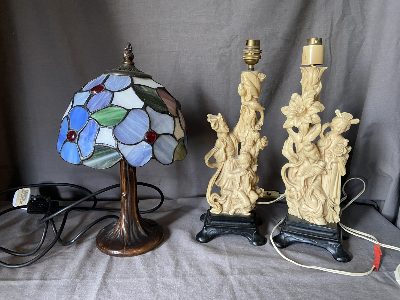 Tiffany Style Lamp slight damage as shown and pair of Chinese Style lamps
