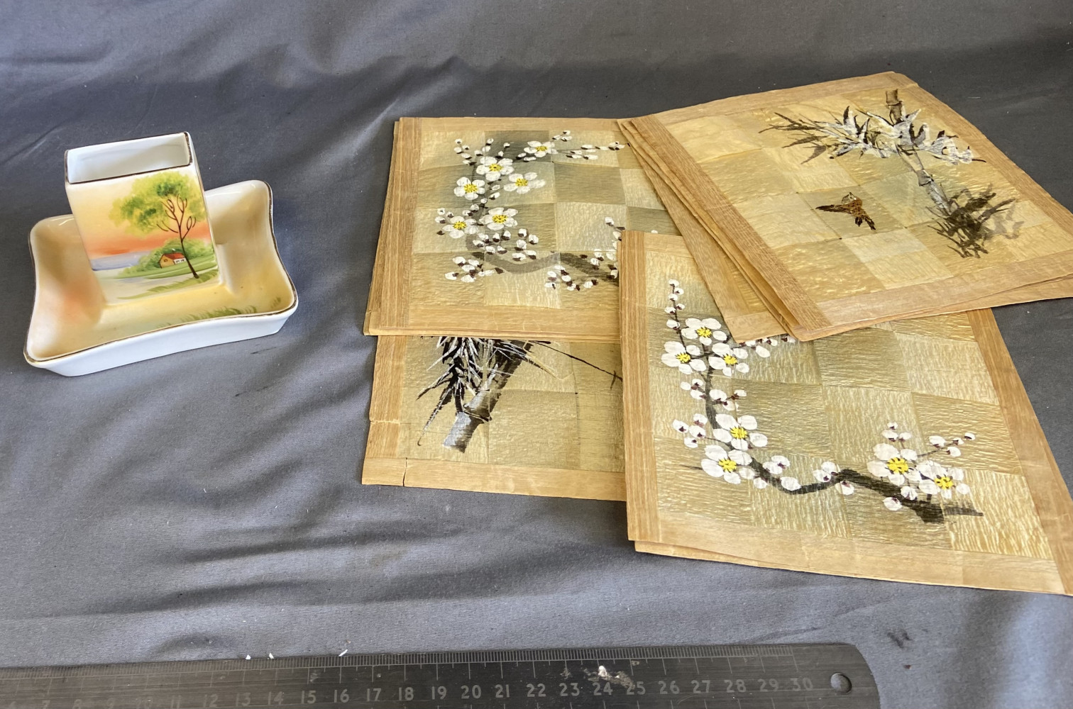 Japanese woven crepe paintings and Noritake Matchbox holder with hand painted lakeside scene