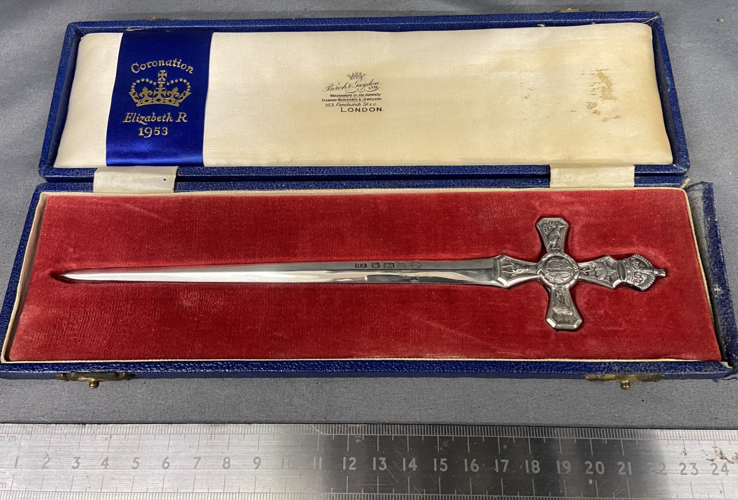 Stirling Silver Sheffield 1953 letter opener, 60.2 grams, by Atkin Brothers in a case